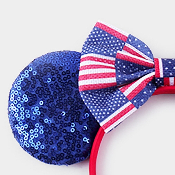 Blue Red White Sequin Mouse Ears Striped American USA Flag 4th Of July Headband - Picture 2 of 2